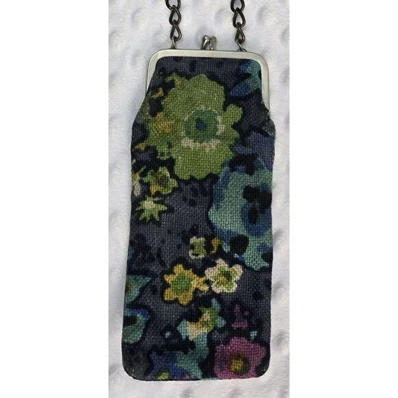 Vintage Barkcloth Cigarette Pouch Chain Purse Blue Floral Mod Kisslock Clasp Bag