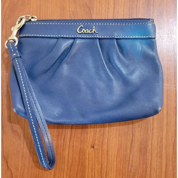 Coach Blue Leather Pleated Wristlet Pouch Zip Top Bag Gold‎ Logo AS IS