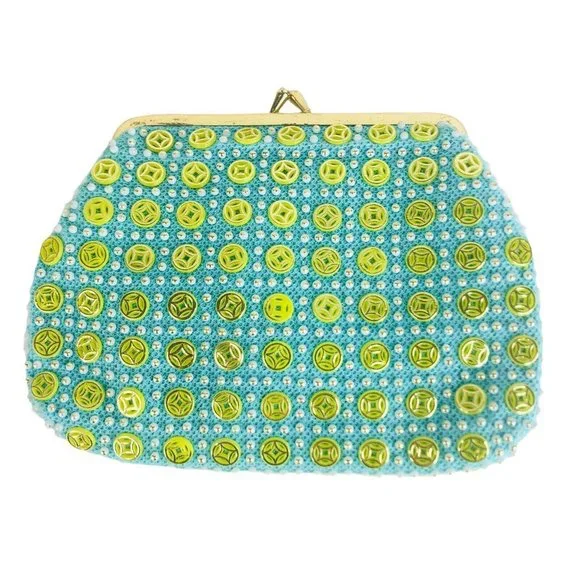 VTG Womens Clutch Purse Beaded Made Hong Kong Kiss Lock Closure Blue Green Small
