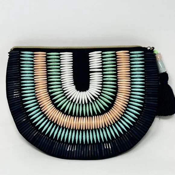 Stella & Dot‎ Purse Beaded Embroidered Clutch Handbag Half Circle Dark Navy