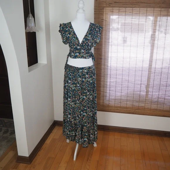 Free People Pretty Dayz 2‎ Pc Maxi Skirt Set XS Dainty Floral Boho Festival