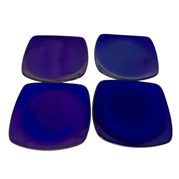 Set of 4 CORELLE HEARTHSTONE Stoneware Dinner Plates Cobalt Indigo Black Square