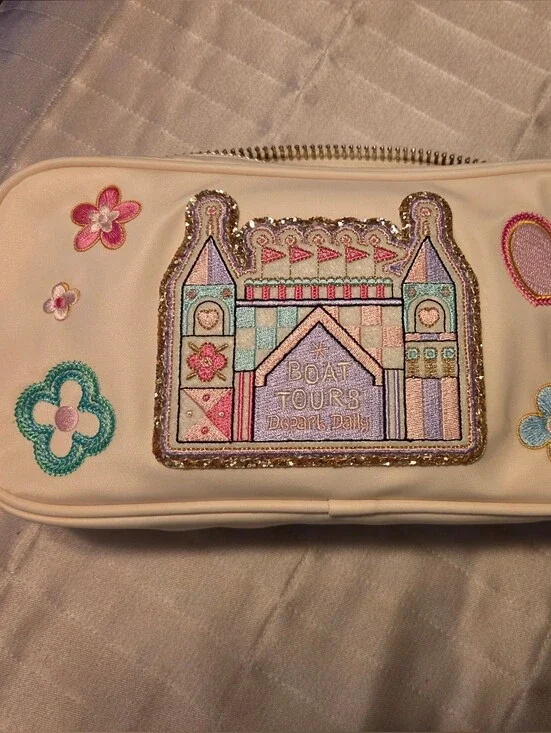 Stoney Clover Lane White Cosmetic Pouch with Pastel Castle Embroidery