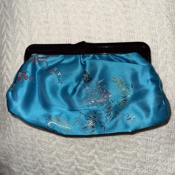 Vintage Kiss Lock Cosmetic Case Purse Bag Asian Colorful Satin Teal Blue Floral