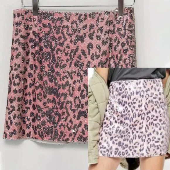 Free People Skinny Sequin Skirt Mini Cheetah Animal Print Pink Grey Size 2 New