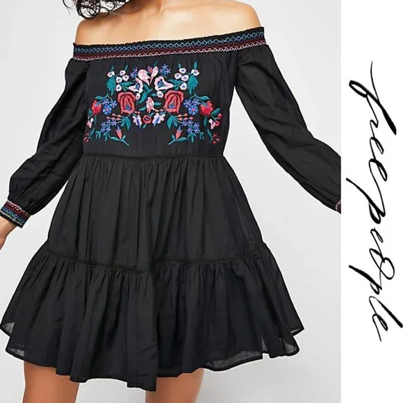 Free People Sunbeams Dress Floral Embroidery Mini Off Shoulder Black Size XS New