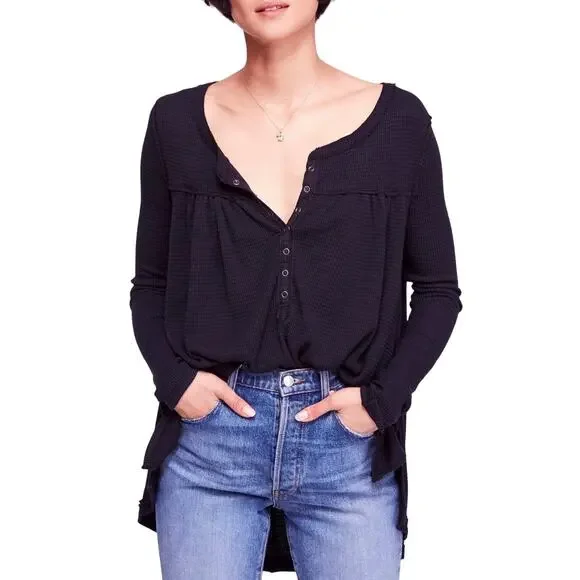 Free People We The Free Kai Black Henley Thermal Top, Women's Size XS