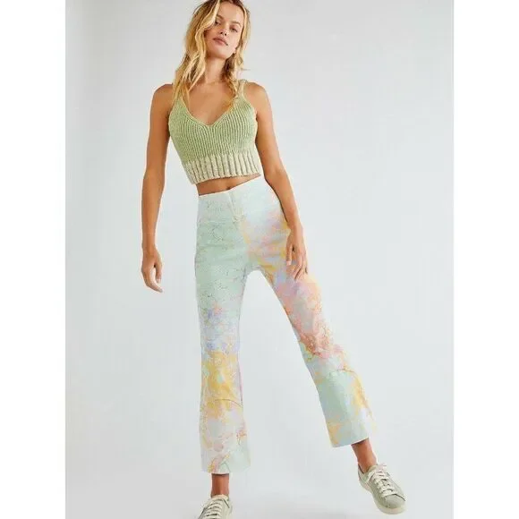 NEW FREE PEOPLE Sz S LEFTY HIGH RISE PRINTED FLARE PANTS