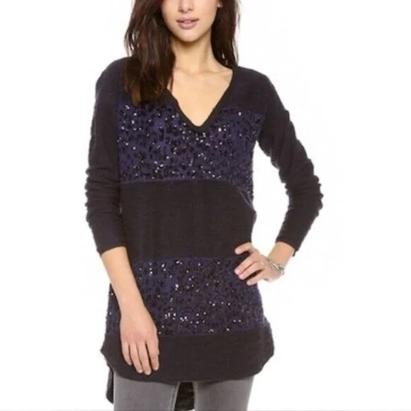 NEW  Free People Sweater Oversize Sequin V Neck Tunic Blue Black