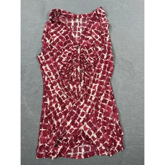 Free People Burgundy Abstract Grid Print Button Front Ruched Long Sleeve Top M