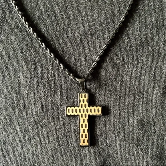 INOX Matte Black Rope Necklace with Cross