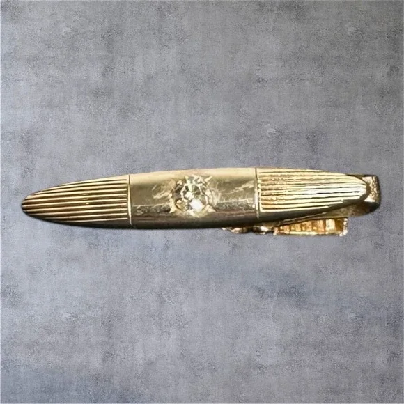 Vintage Gold Tone‎ Tie Bar Bullet Shape Rhinestone Ribbed Ends