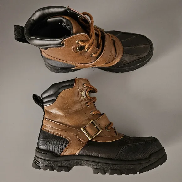 Polo Ralph Lauren Kids Duck Boots Sz 4 Youth Brown Black Lace Up Buckle Boys