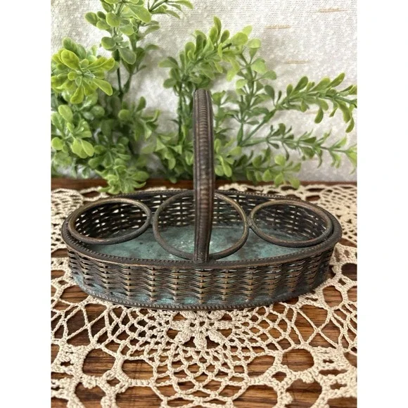 Vintage Silverplate Cruet Stand Woven Basket Condiment Caddy 3 Bottle Holder