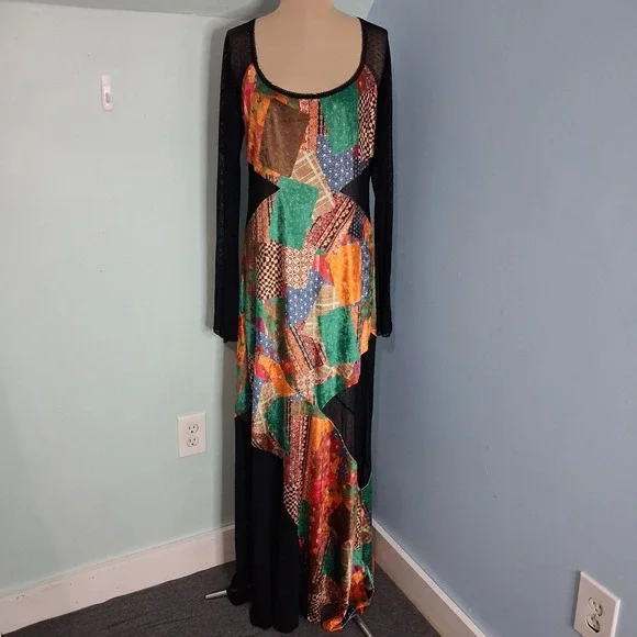 Free People Parker Patchwork Maxi Dress Sz L Sheer Back Velvet Boho Chic