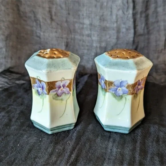 C.S. Prussia Salt Pepper Shakers Vintage Purple Flowers Ceramic Porcelain