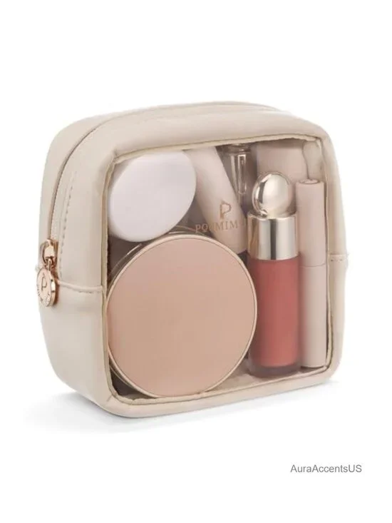 Clear Makeup Bag with PU Leather Trim, Compact Travel Cosmetic Pouch