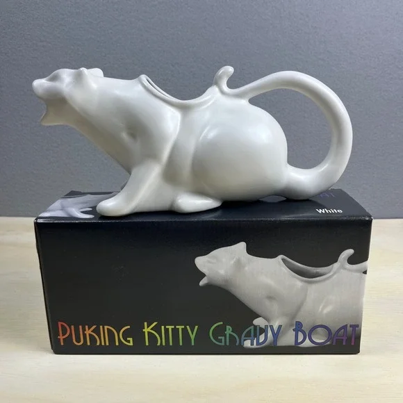 Puking Kitty Gravy Boat White Ceramic Novelty Cat Sauce Pitcher Humor Gift