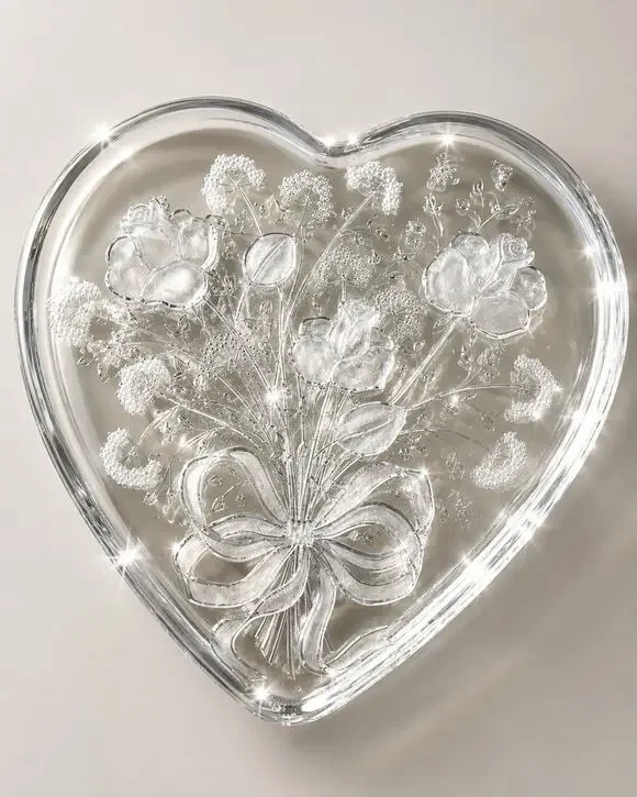 Large Heart Shaped Frosted Rose Glass Platter 13