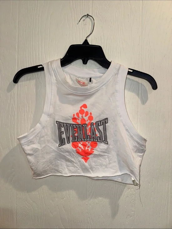 Free People White Cropped Tank with Neon Orange Graphic