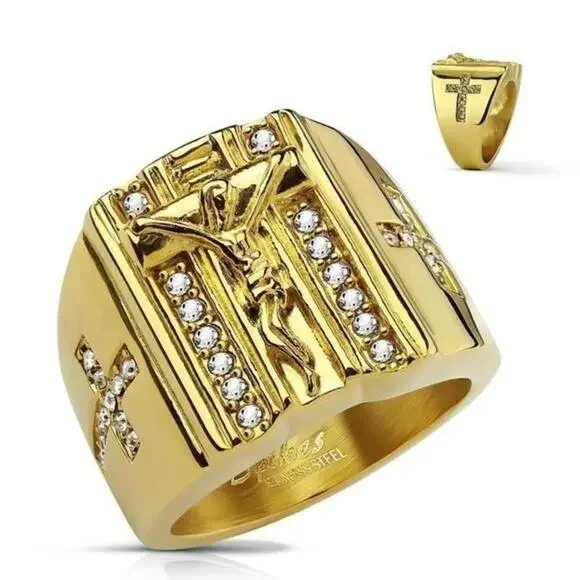 316L stainless‎ steel gold cross religious cubic zirconia hypoallergenic size  9