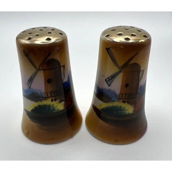Vtg Chikaramachi of Japan Hand Painted Windmill Salt & Pepper Shakers Gold Tops