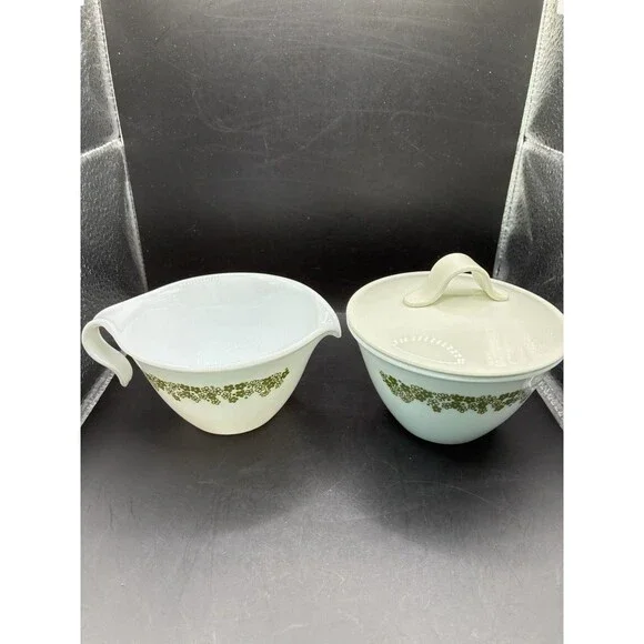 VTG 1960s-1970s Retro Corning Corelle Green Crazy Daisy Creamer & Sugar Set