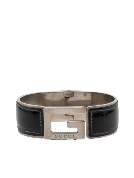 Gucci Logo Bangle Silver Black Metal Leather Bracelet