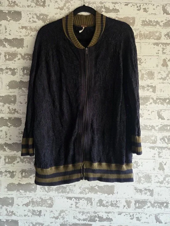 Free People Zip Front Bomber Sweater Jacket Black Olive Green Varsity Medium