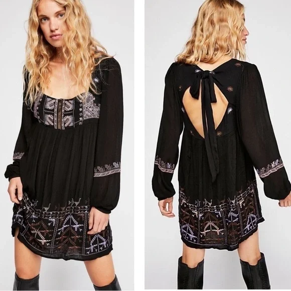 Free People Black Embroidered Rhiannon mini dress size small