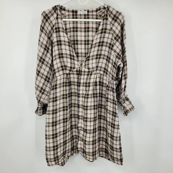 Free People x CP Shades Plaid Linen Mini Dress Tan Black V-Neck Boho Small