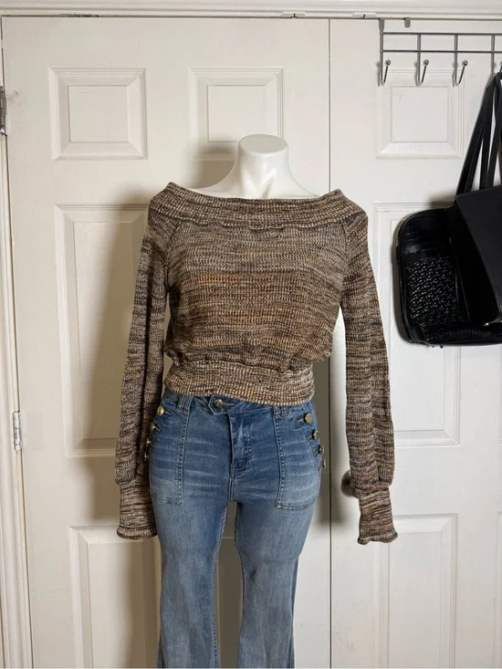 Free People Marled Off-the-Shoulder Sweater — Brown Mix