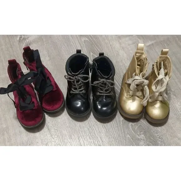 3 Pair Of Cat And Jack Infant‎ Girls Black, Gold & Maroon Combat Boots Size 5