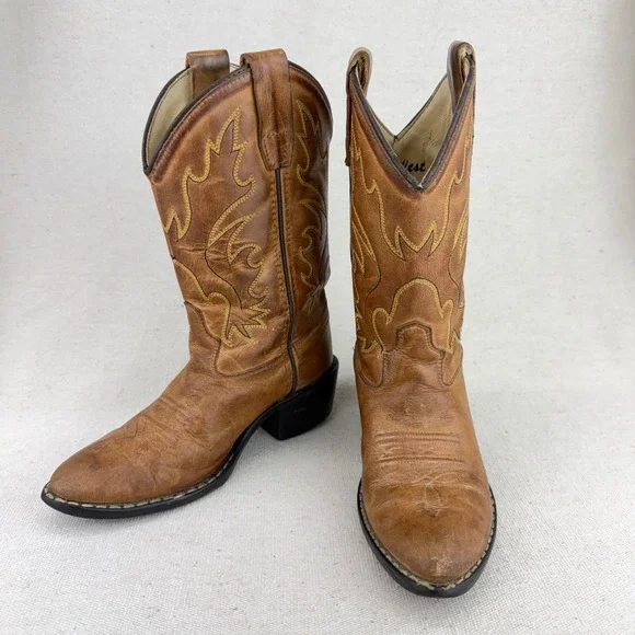 Old West Kids Tan Leather Cowboy Boots Western Pointed Toe 8129 Size 12D Costume