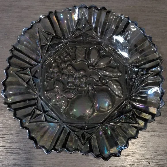 Vintage Federal Glass Pioneer Smoke Iridescent Carnival Glass Ruffled Fruit Bowl
