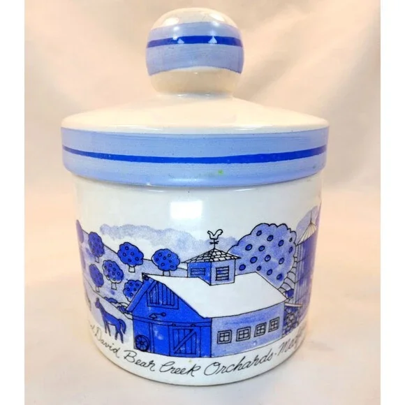 Harry & David Bear Creek Orchards Blue & White Jam Jar 5