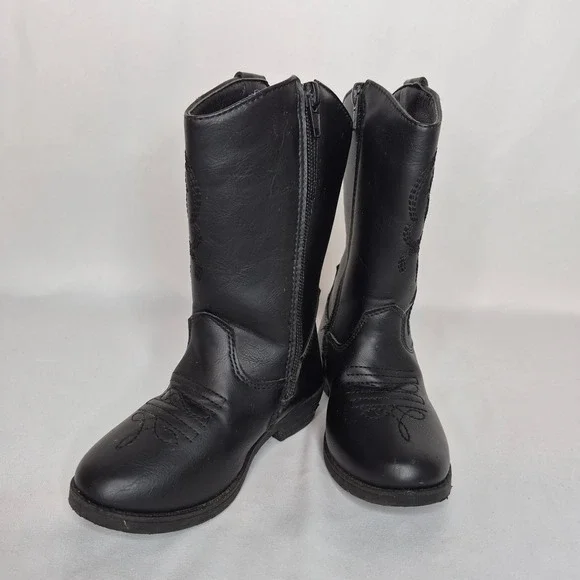 Kensie Girl Kids Black Western‎ Cowboy Boots Floral Embroidery Side Zip Size 9