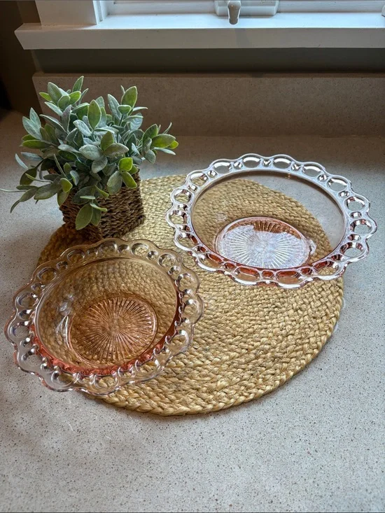 (2) Pink Depression Glass Lace Edge Bowls - Hocking Glass Co 1930s