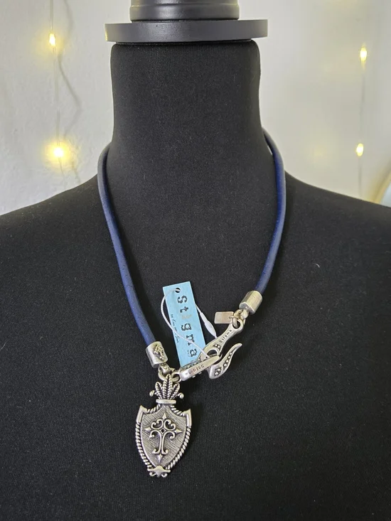 Stigma Navy Cord Necklace with Silver Shield Pendant and Accents