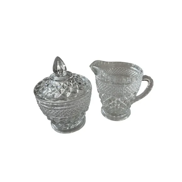 Vintage Crystal Glass Sugar Bowl with Lid and Creamer Pitcher Set‎ Wexford