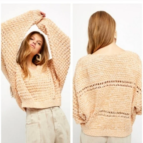Free People Coconut Loose Weave Sandy Combo Knit Pullover Off Shoulder Shredded