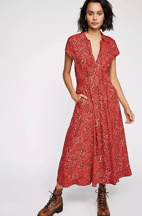 Free People 40's Print Midi Button Up Cap Sleeve Red Lined Shirt Dress Size 12
