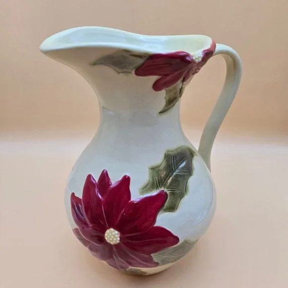 Christmas Poinsettia Ceramic Pitcher‎ Red Green Holiday Floral Serving Vase 8.5