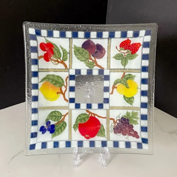 Fruit Blue Checked Square Plate by Peggy Karr