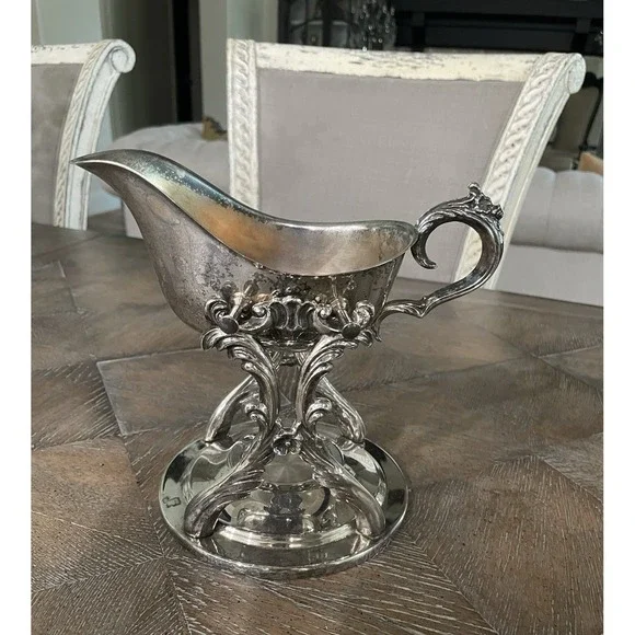 Vintage Ornate Silver‎ Plate Gravy Boat Server Pedestal With Warming Stand