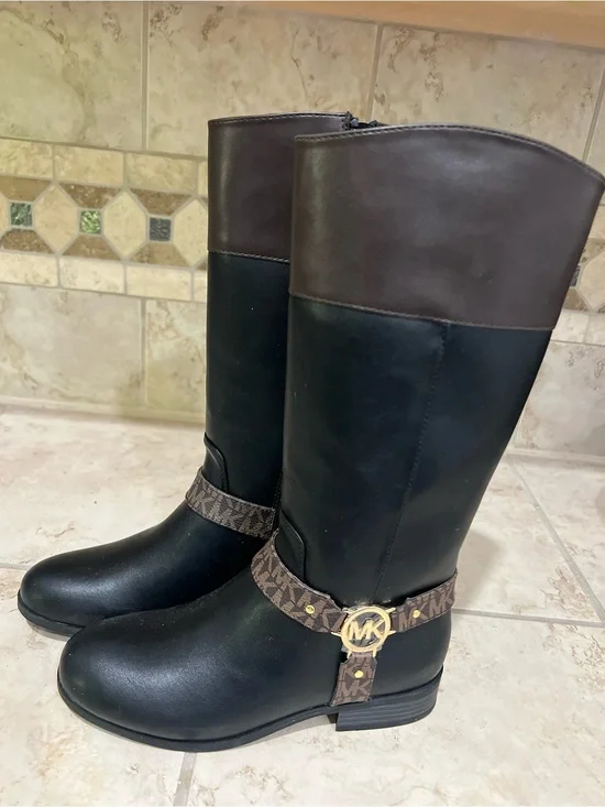 Michael Kors Black and Brown MK Logo Strap Knee Boots brand new