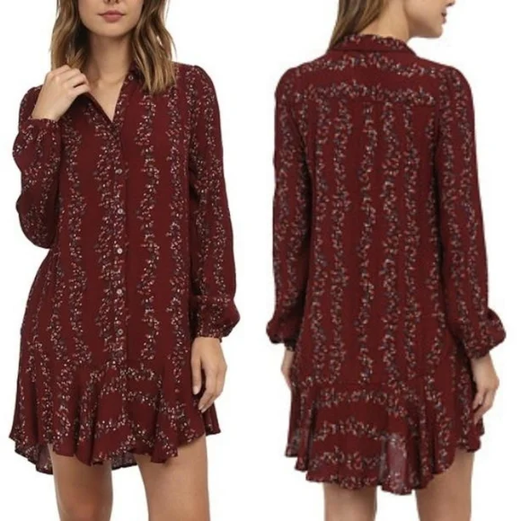 Free People Red Long Sleeve Dress Shirt with Bishop Sleeves size XS