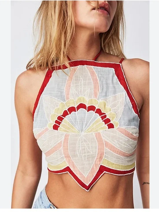 Free People Lotus Appliqué Halter Top Size Large NWT