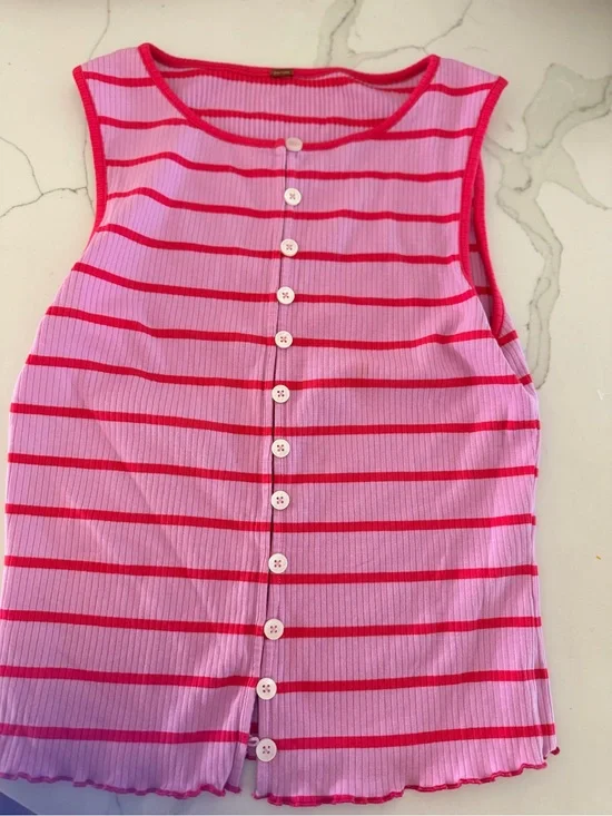 Free People Pink & Hot Pink Striped Button Front Tank Top