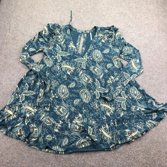 Free People Dress Womens Small Green Floral Keyhole Puff Sleeve Swing Boho